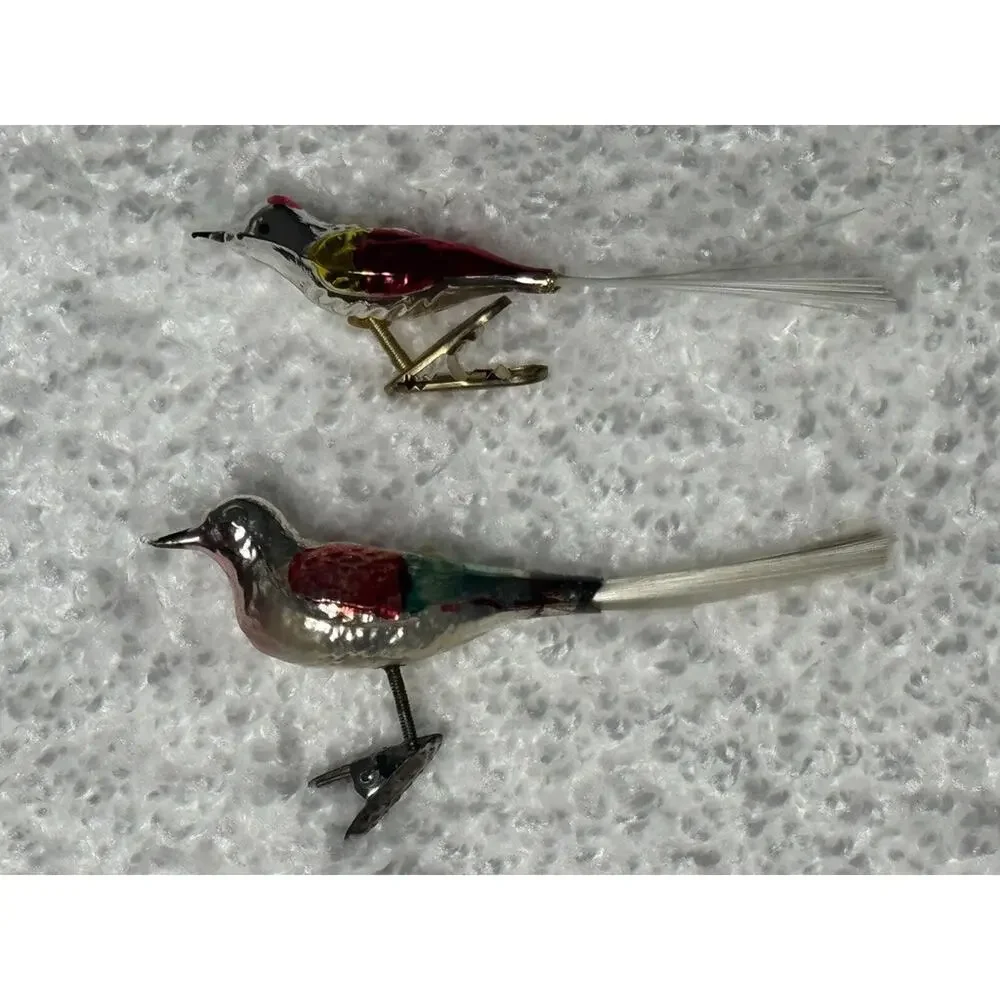 Set of 2 Vintage Mercury Glass Bird Clip Ornaments For Christmas Tree 3.5”